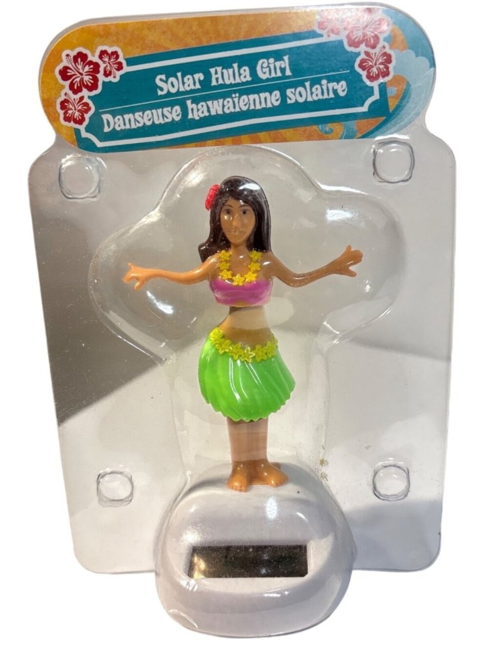 Solar Powered Hula Girl Dancing Dashboard Ornament With Pink & Green Outfit 4.5"